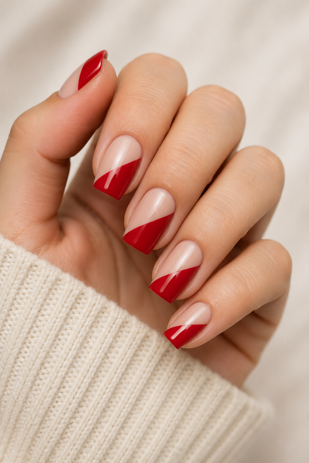 Red and Nude Color Block Nails
