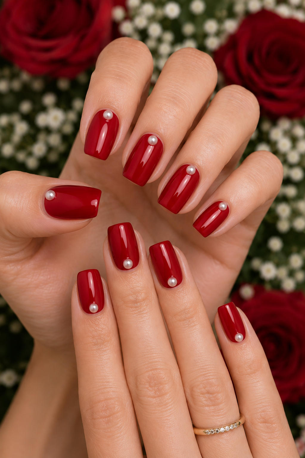 Red with Pearl Accents Nails for wedding