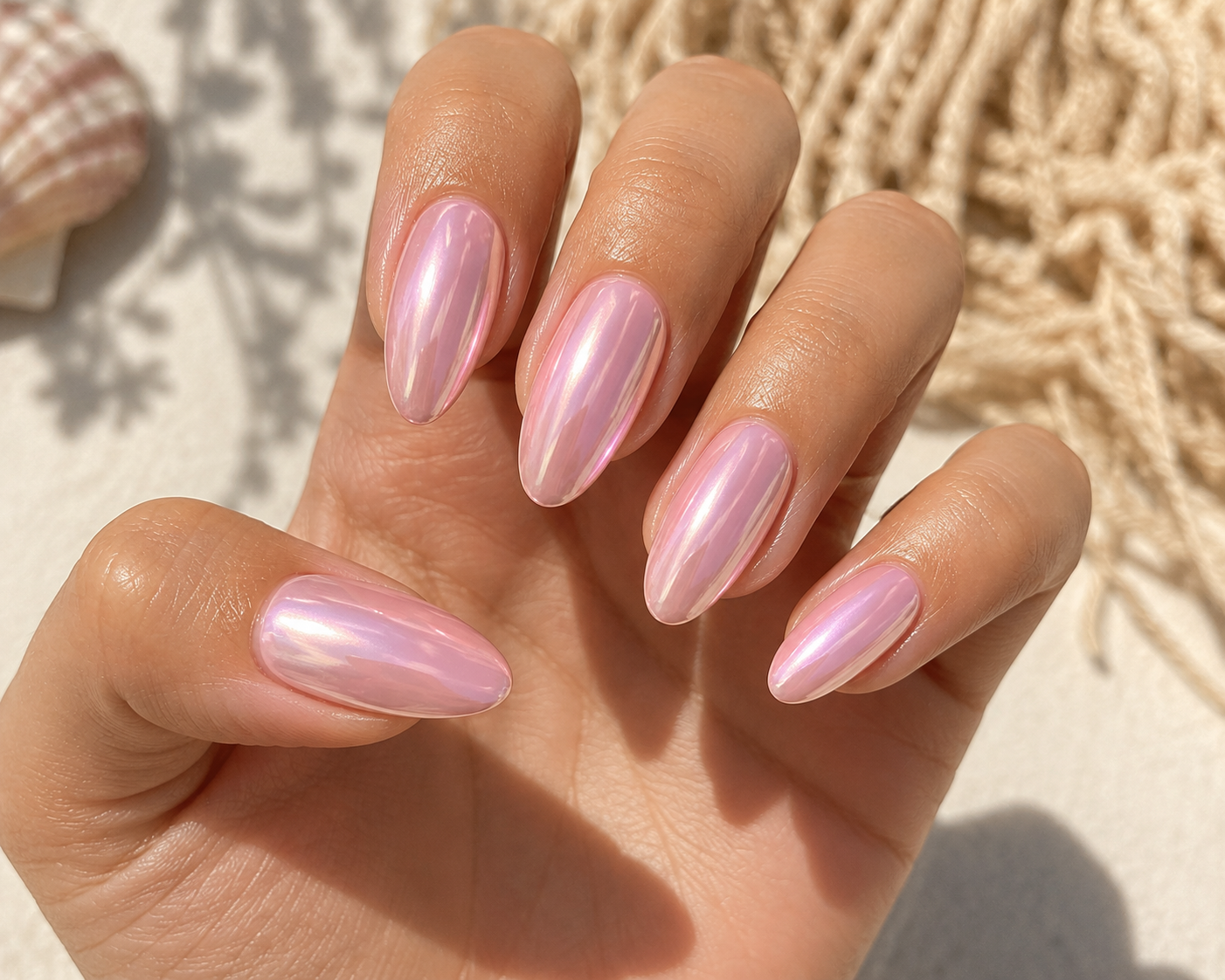 Soft Pink Chrome Nails for summer vacation