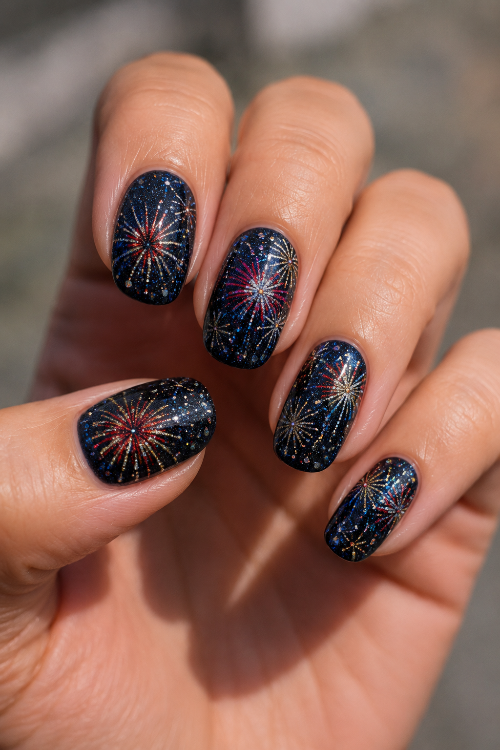 Sparkling fireworks nail design
