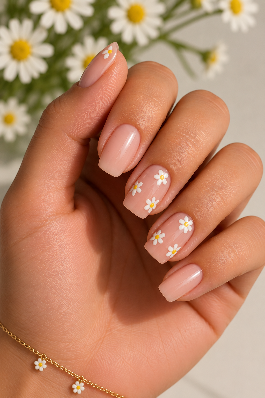 Tiny White Daisy Accent Nails