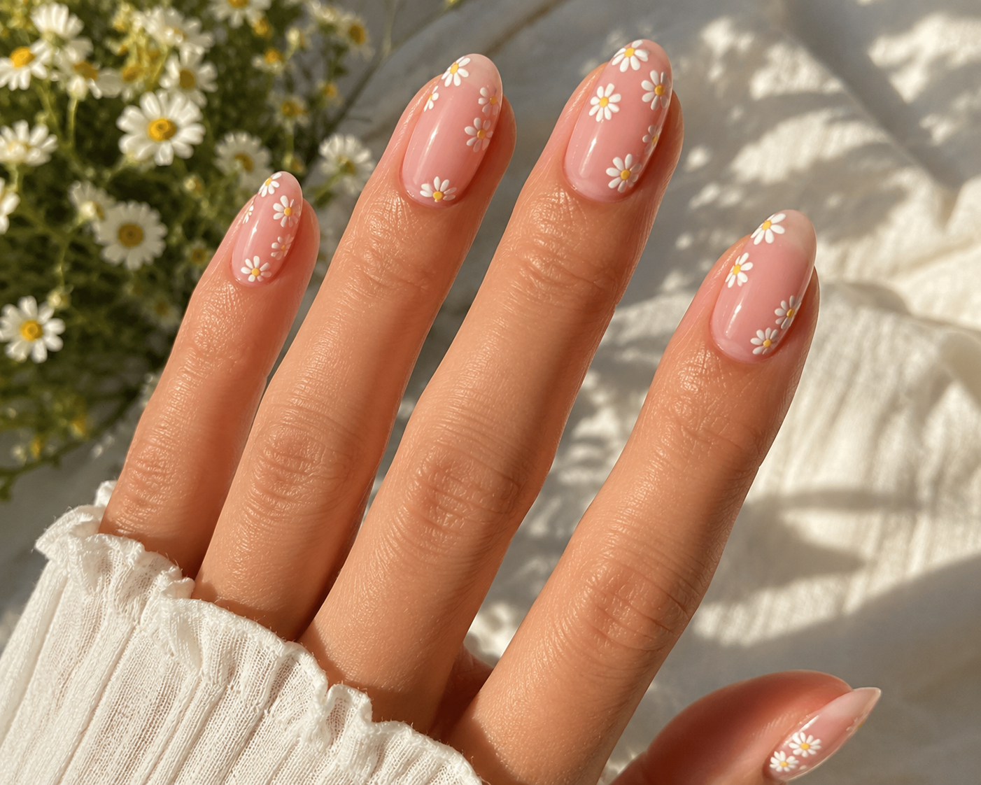 Tiny White Daisy Nails for Summer season