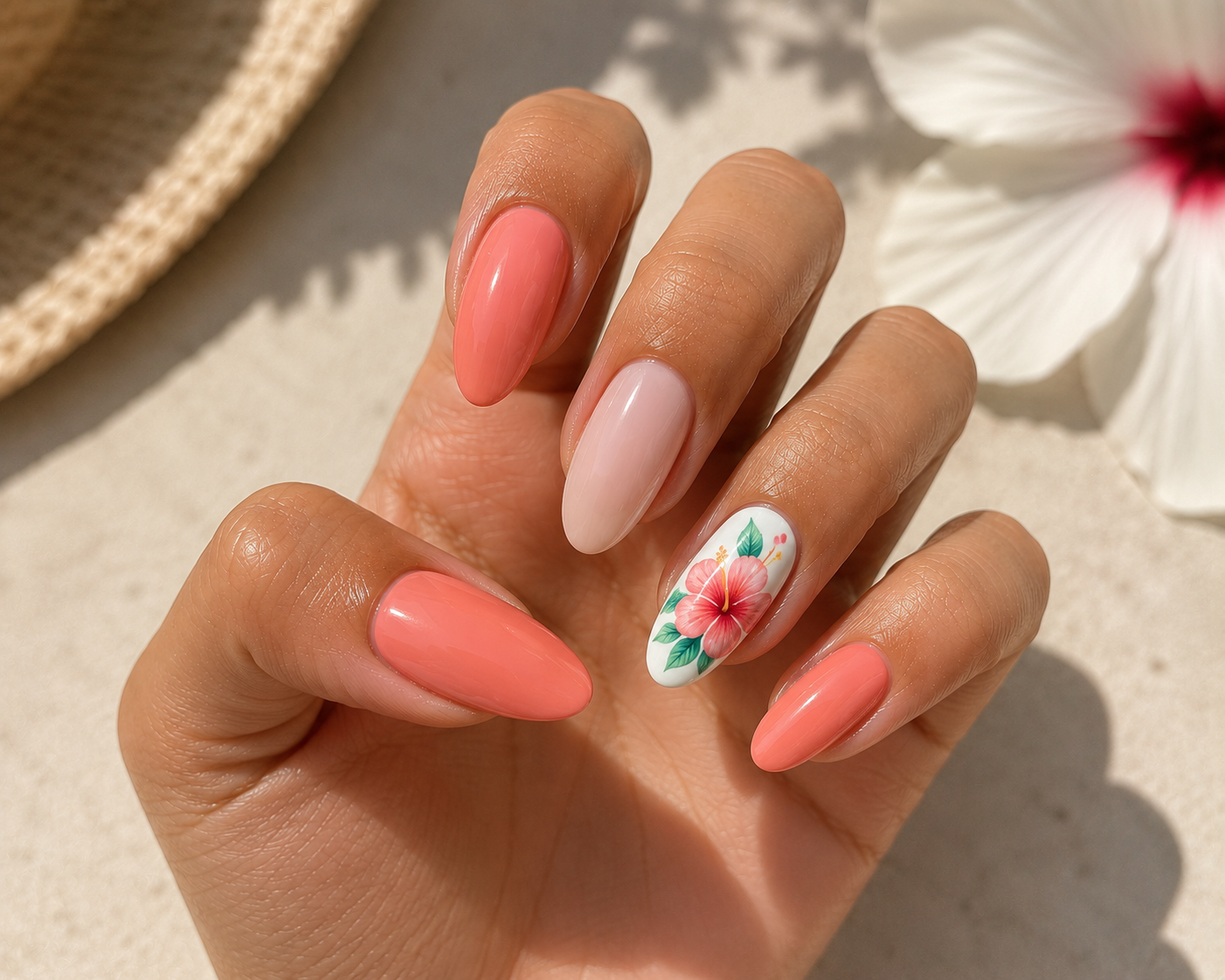 Tropical Hibiscus Accent Nails