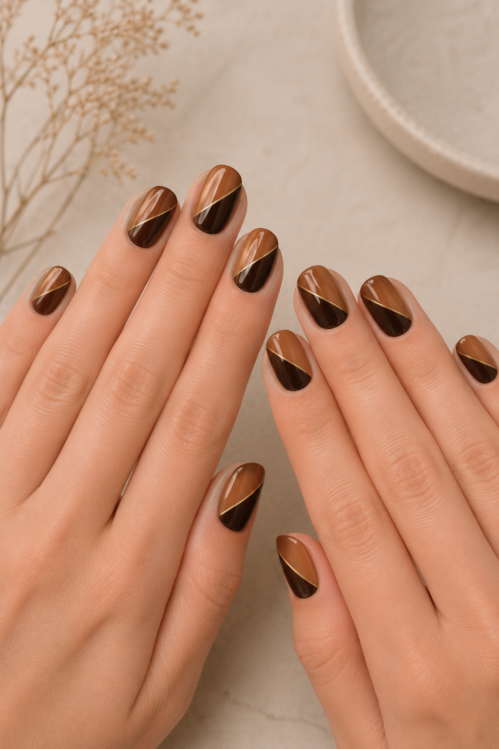 Brown nail design -Two-tone diagonal split