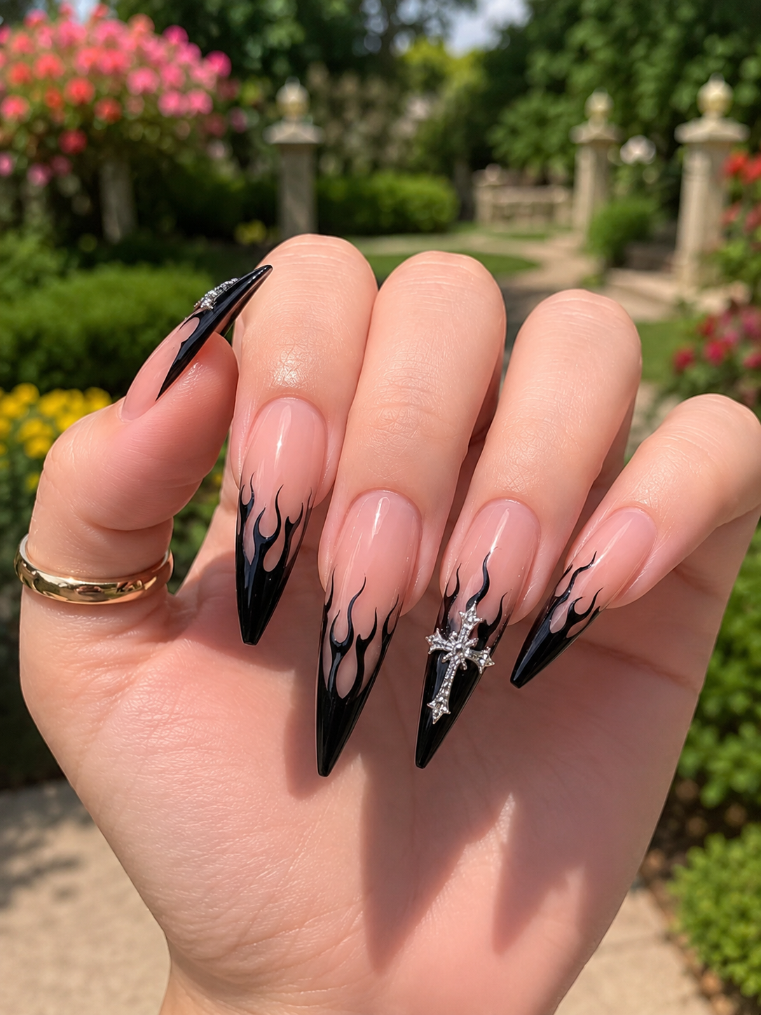 black flame baddie nail design