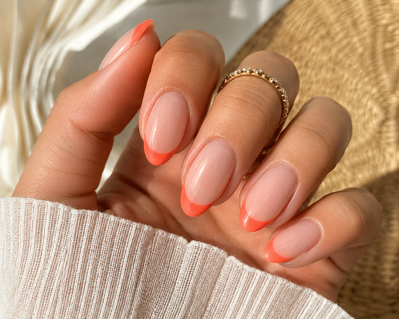 coral French tips nail design for summer vacation