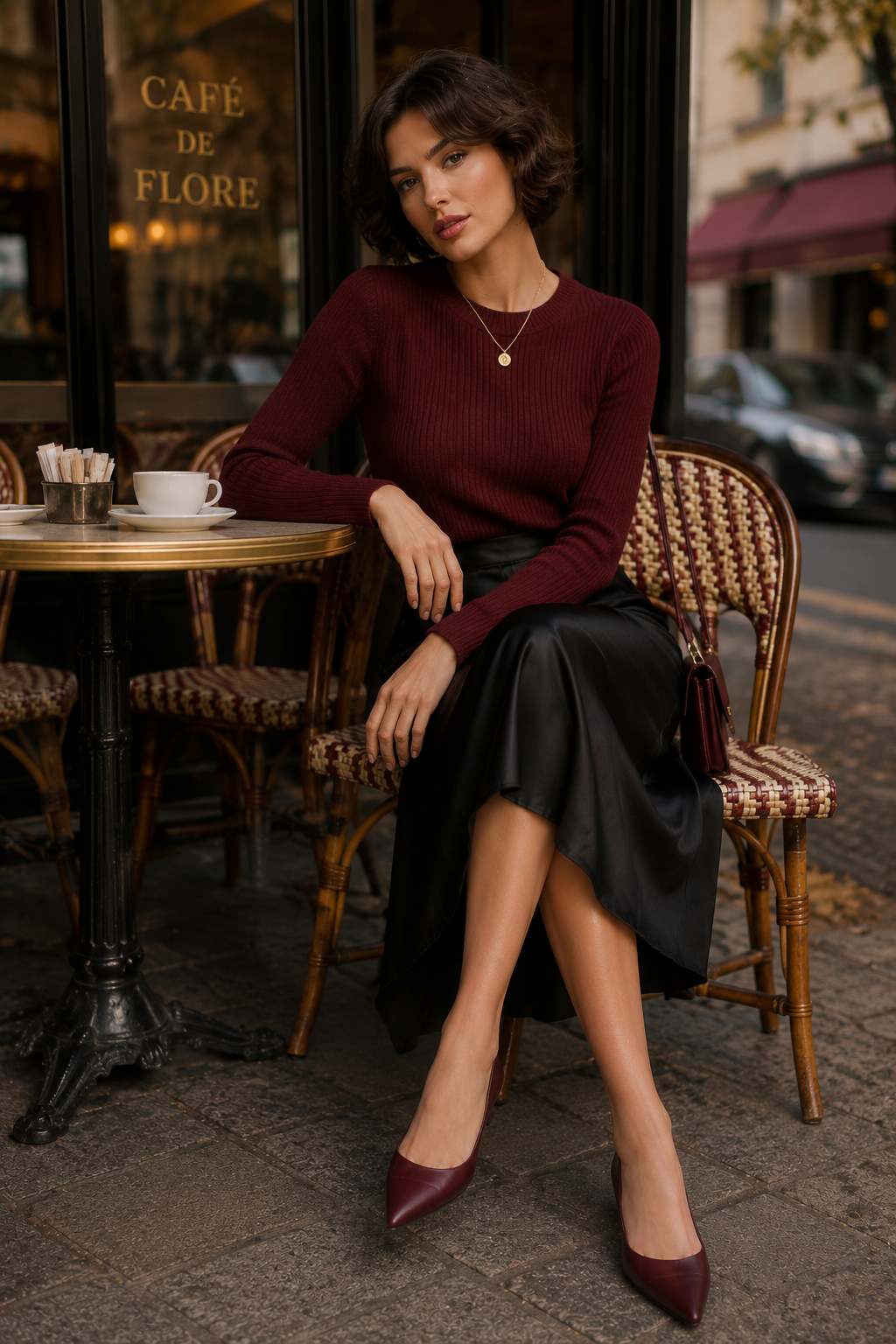 Black Midi Skirt With Burgundy Sweater