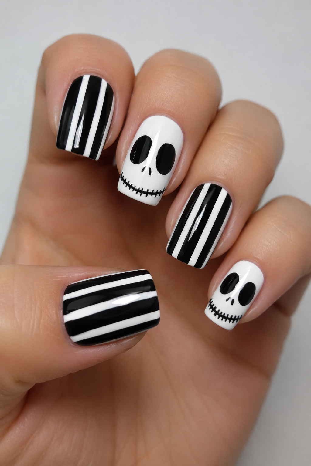 Black & White Skull Stripe Nails