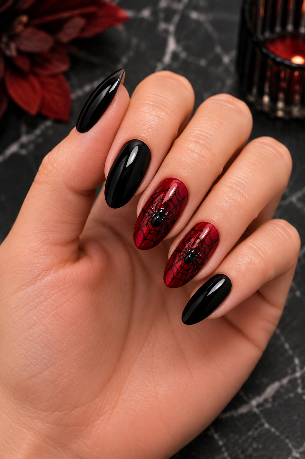 Black Widow Red Accent Nails
