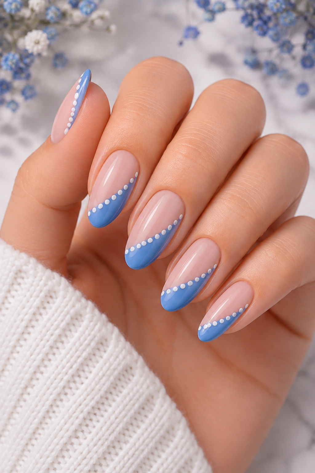 Blue Diagonal French With White Dots