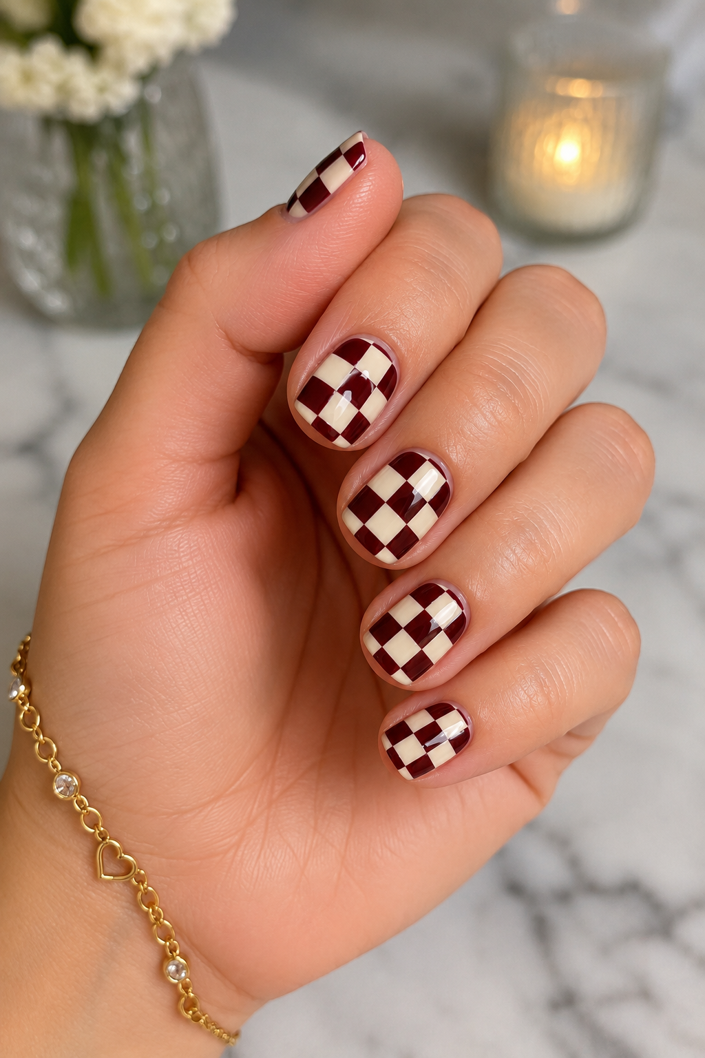 Burgundy Checkerboard Nails