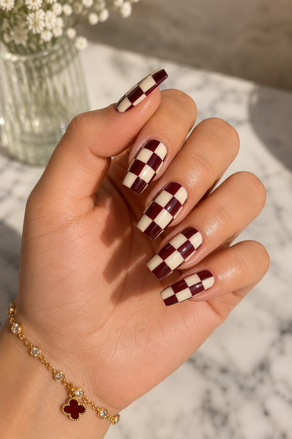 Burgundy Checkerboard nails