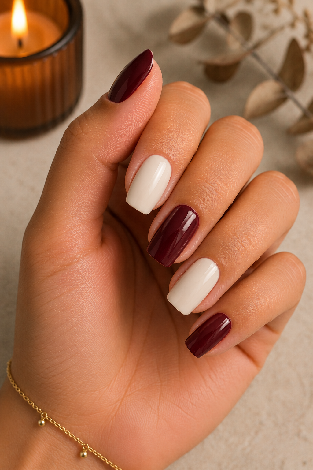 Burgundy & Cream Nails