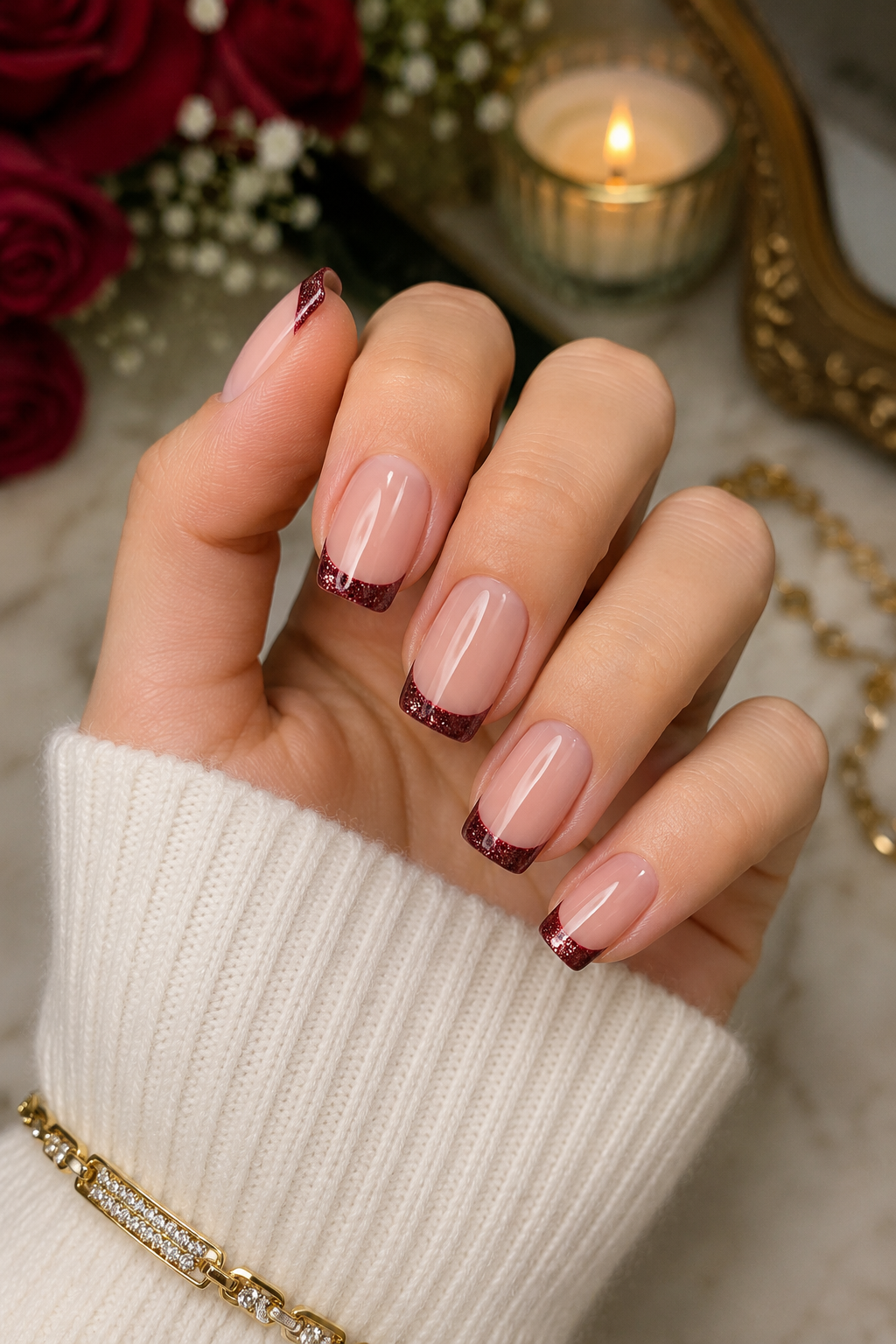 Burgundy Glitter French Tips