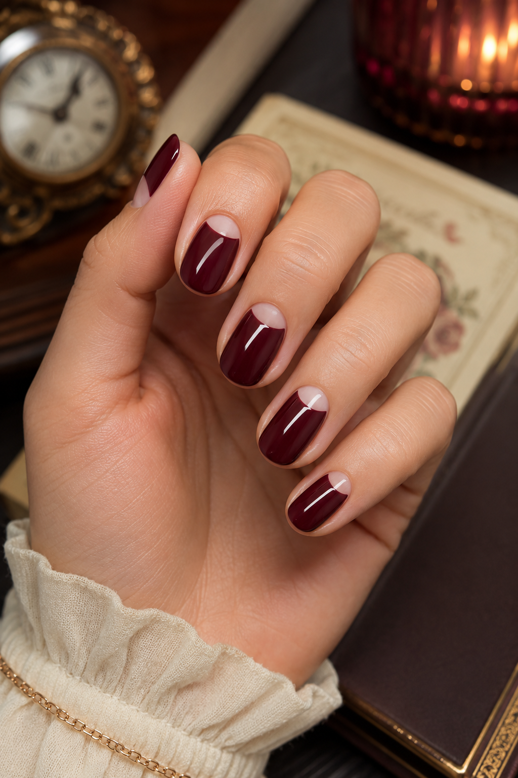 Burgundy Half Moon Nails