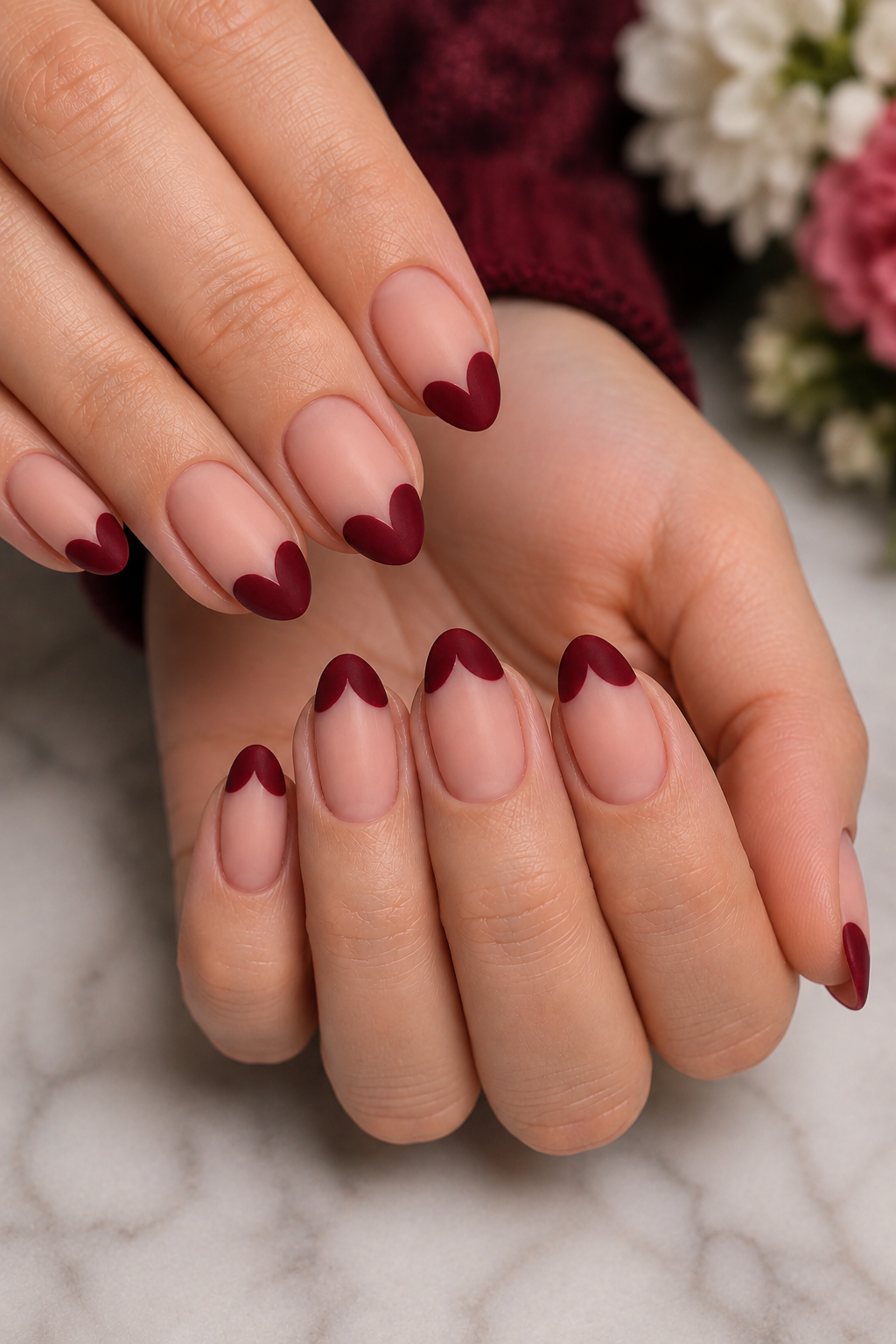 Burgundy Heart-Shaped French Tips