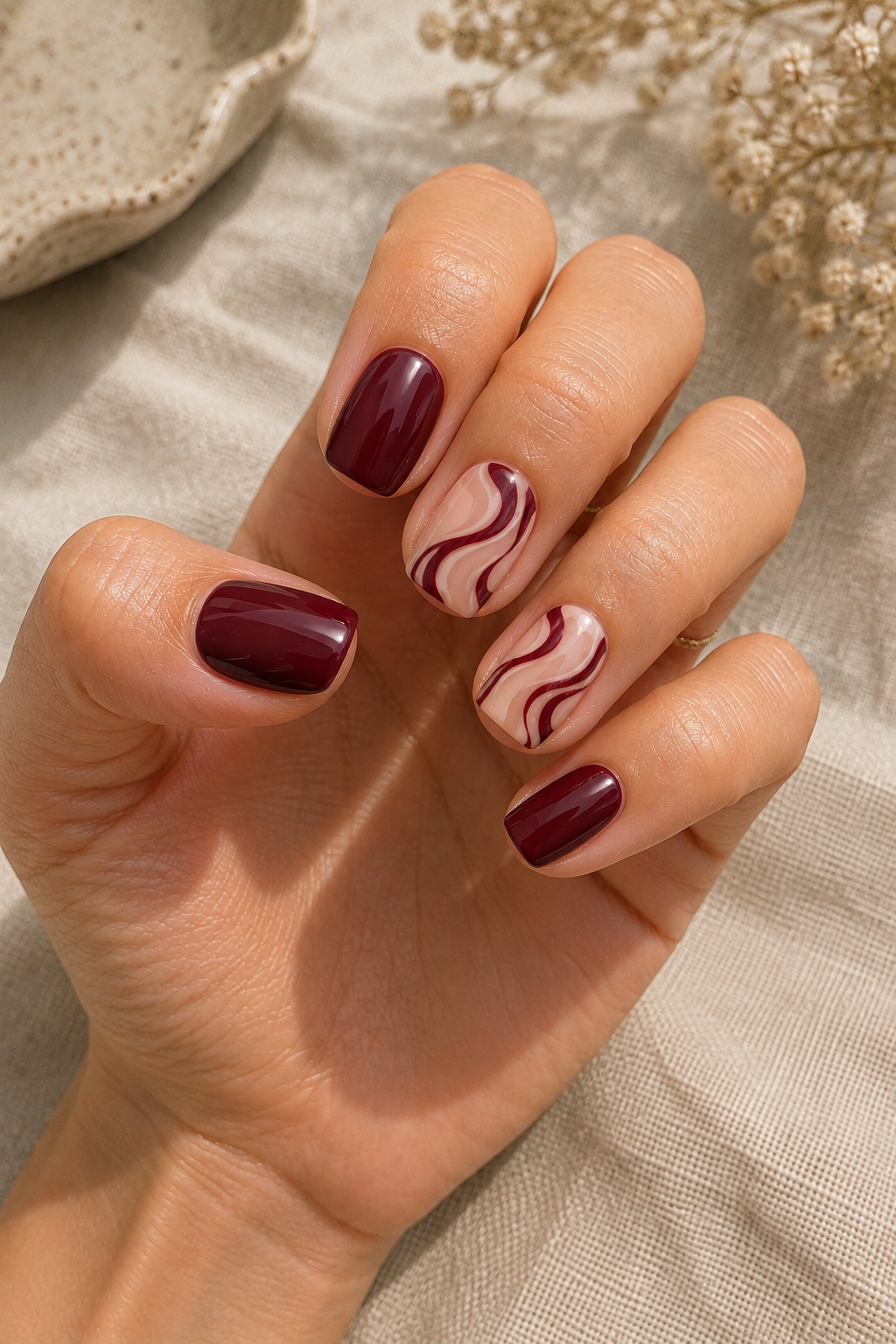 Burgundy Swirl Accent Nails