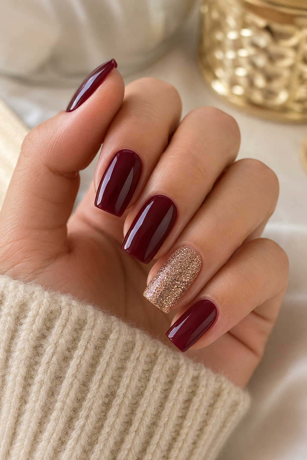 Burgundy with Glitter Accent Nail