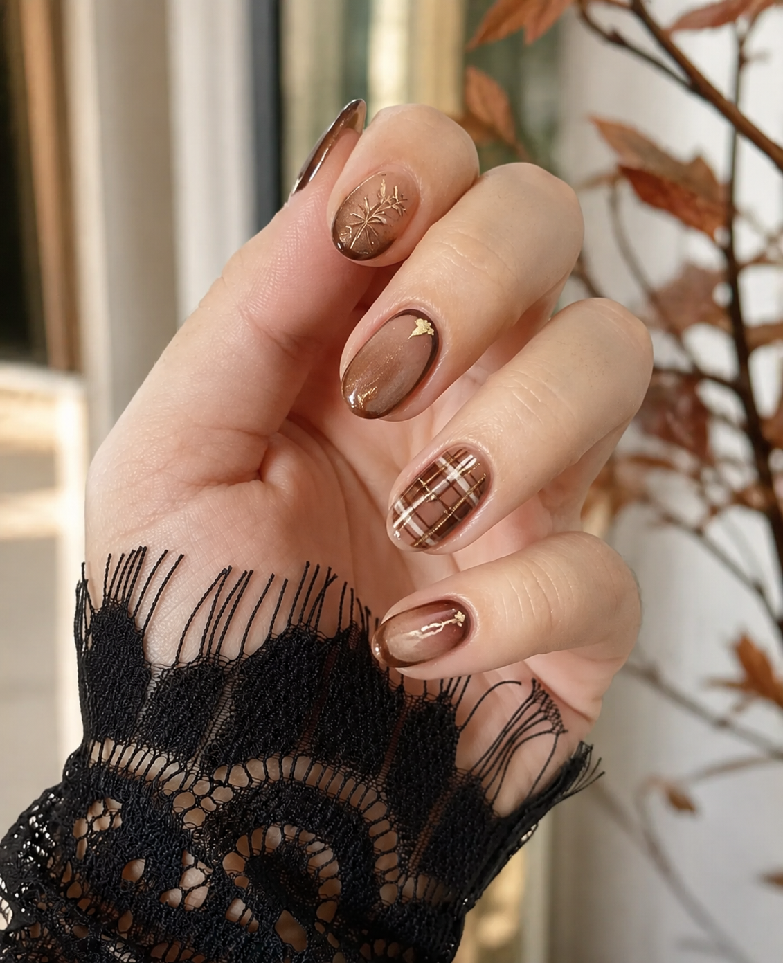 Caramel Plaid Accents short fall nails