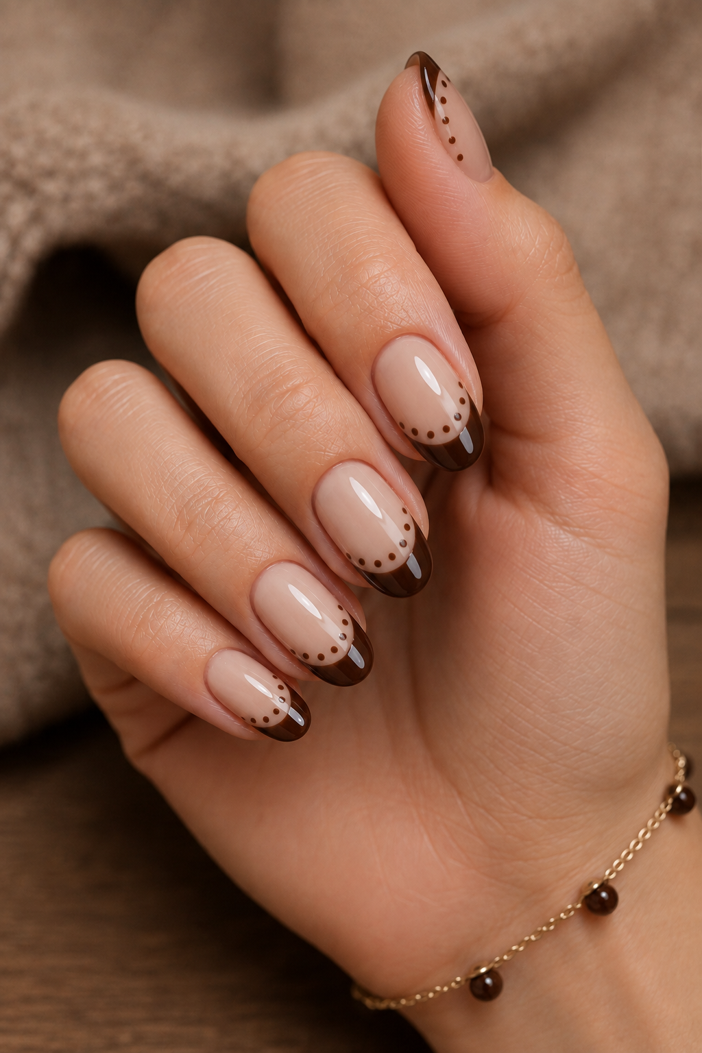 Chocolate Brown Polka Dot French Nails