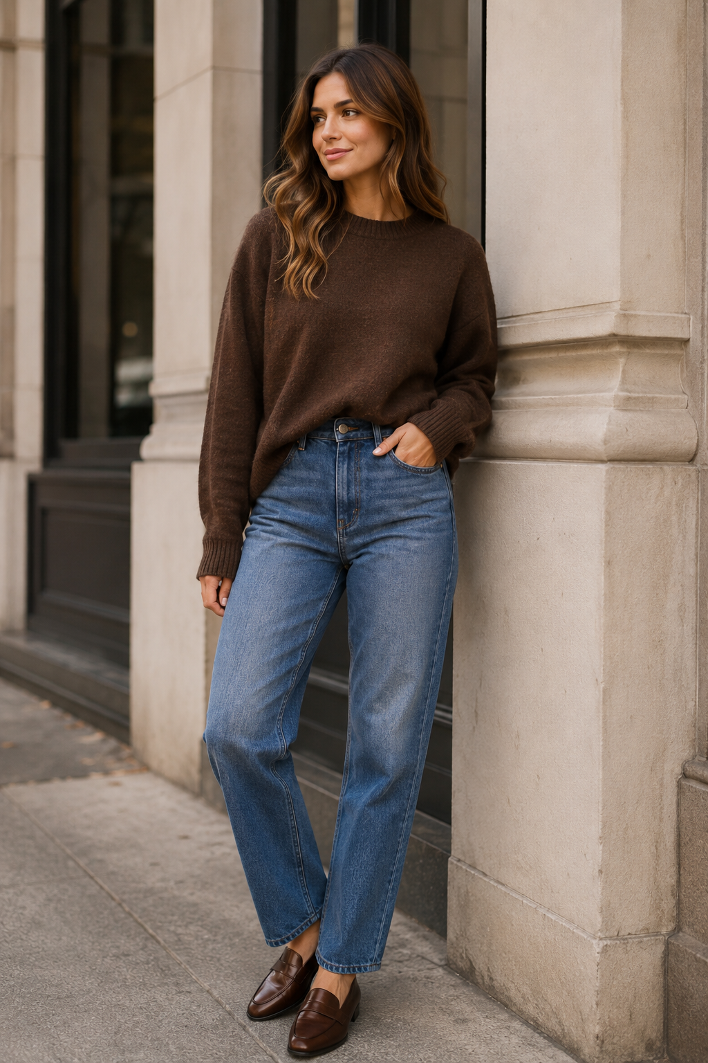 Chocolate Brown Sweater With Straight-Leg Jeans