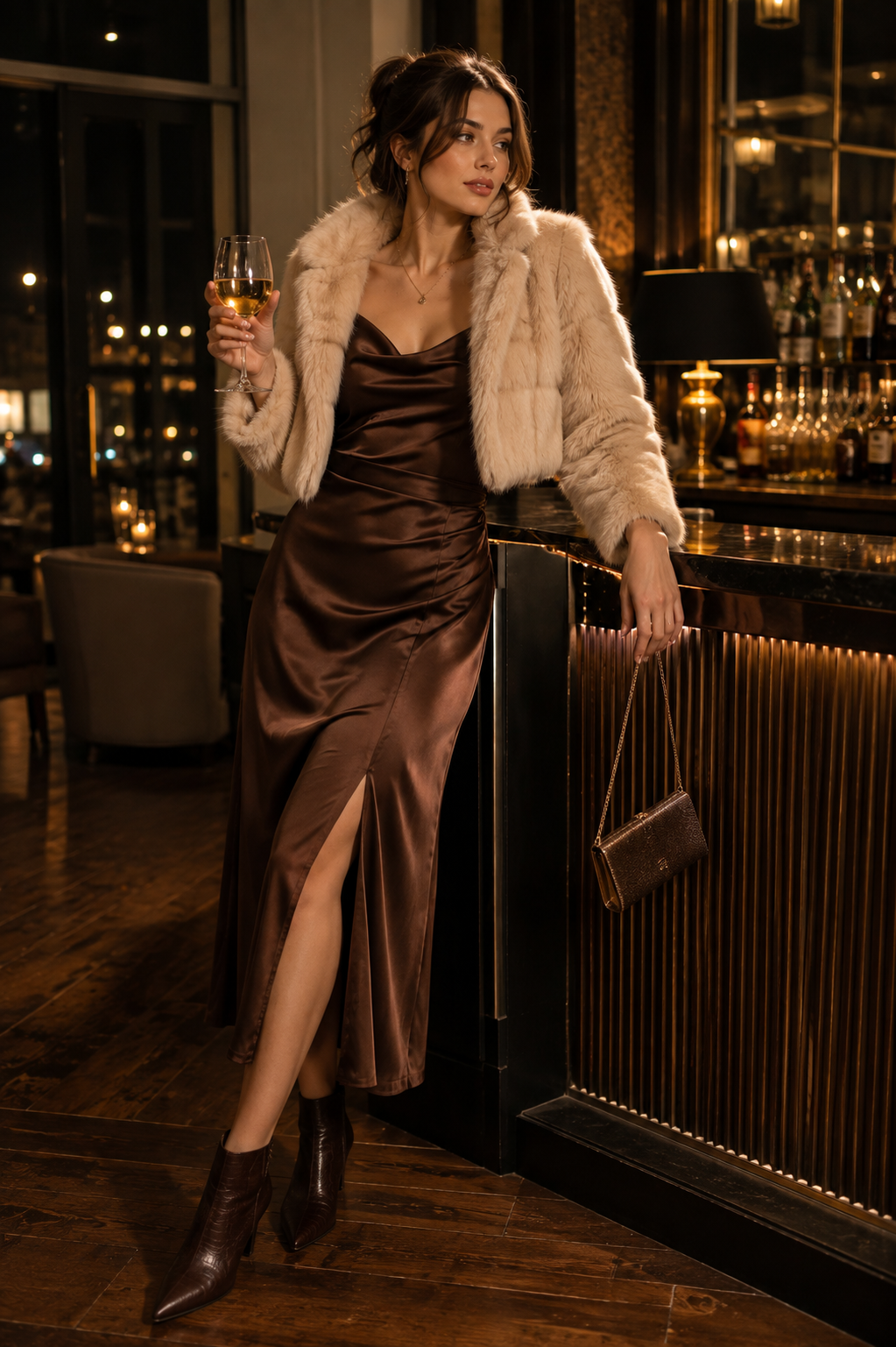 Chocolate Satin Midi Dress + Cropped Faux-Fur Jacket