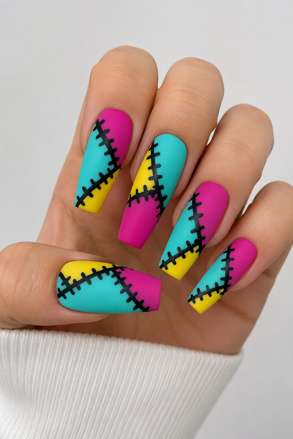 Colorful Stitched Patchwork Nails