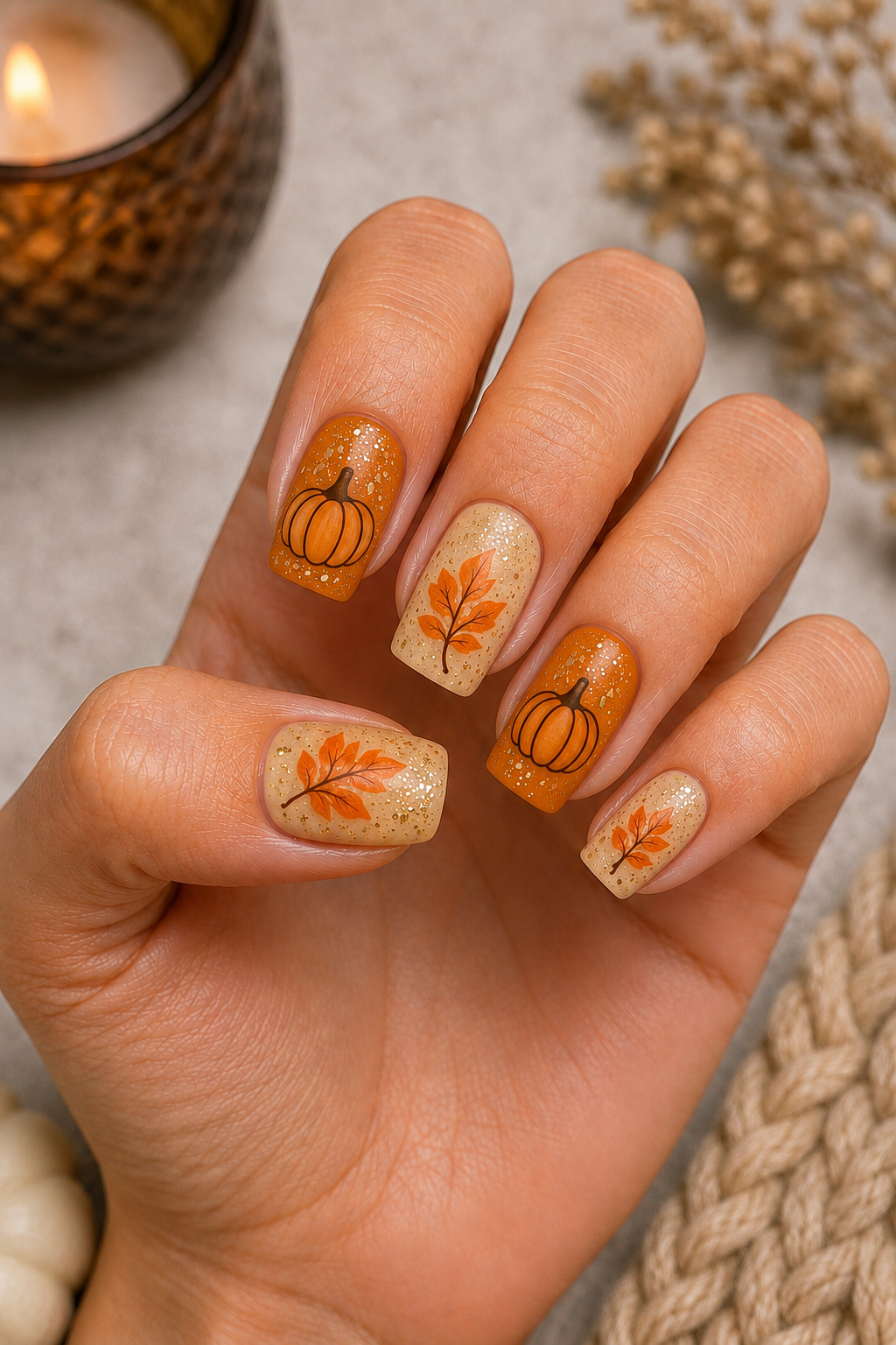 Cozy Pumpkin & Leaf Fall Nails