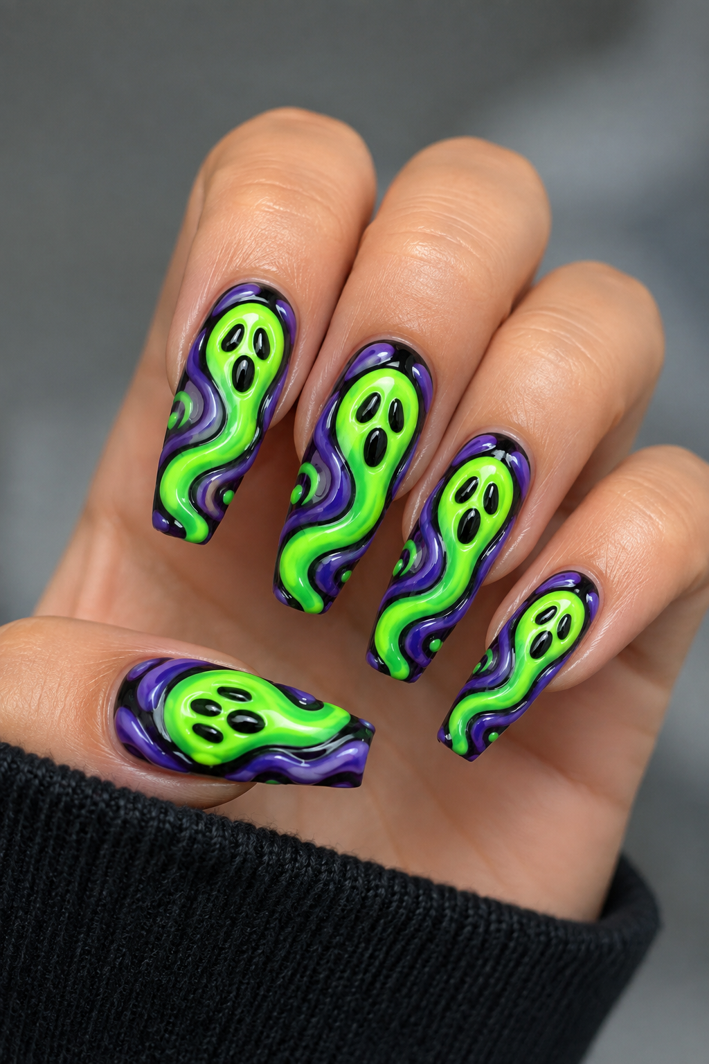 Cute Halloween Ghost Swirl Nails
