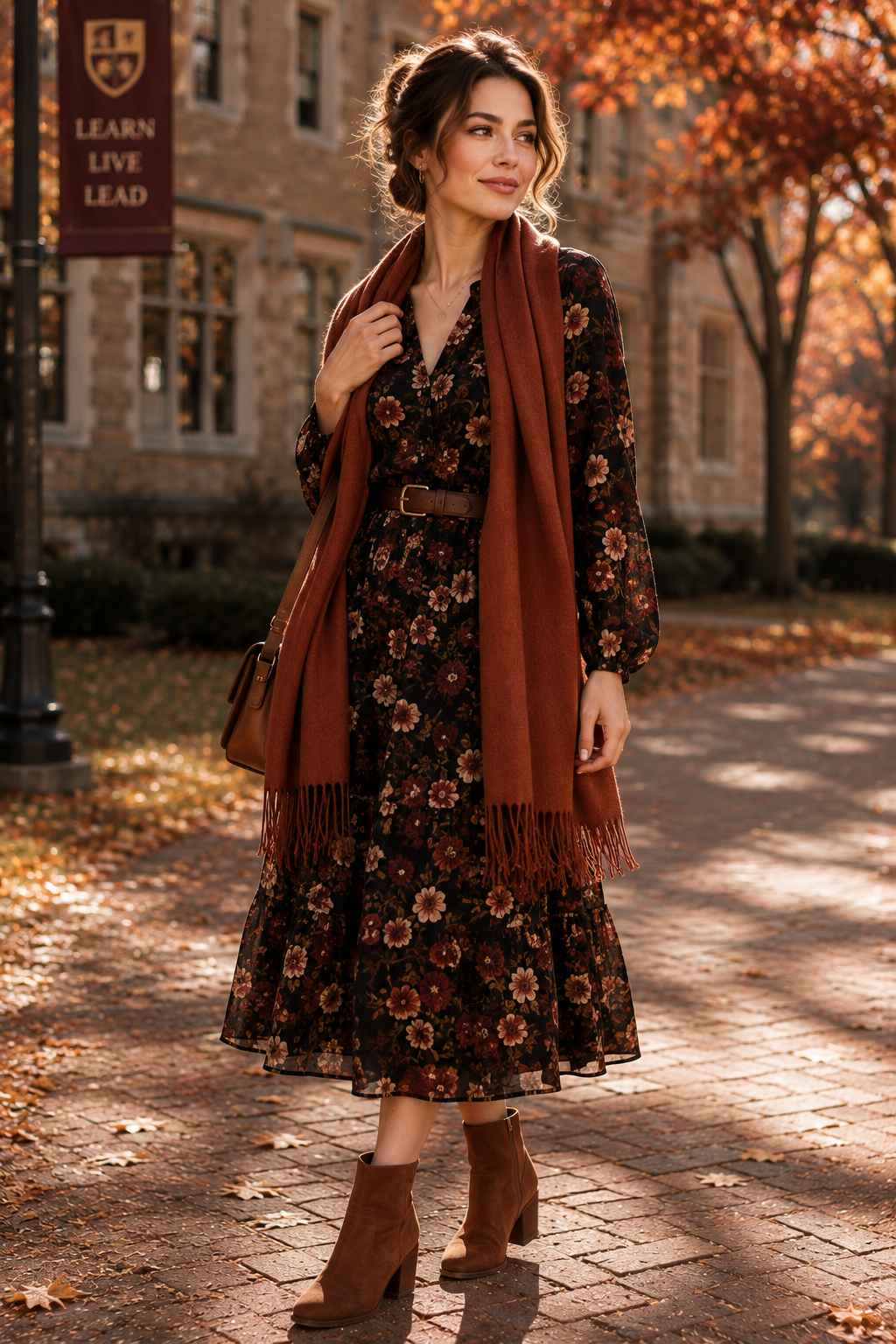Dark Floral Midi Dress + Rust Pashmina Scarf
