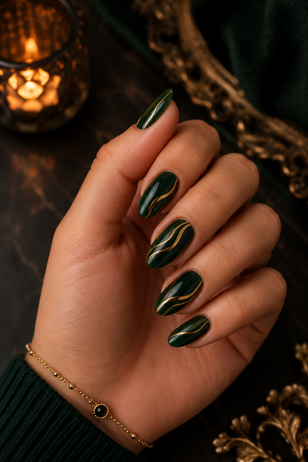 Deep Green & Gold Nails