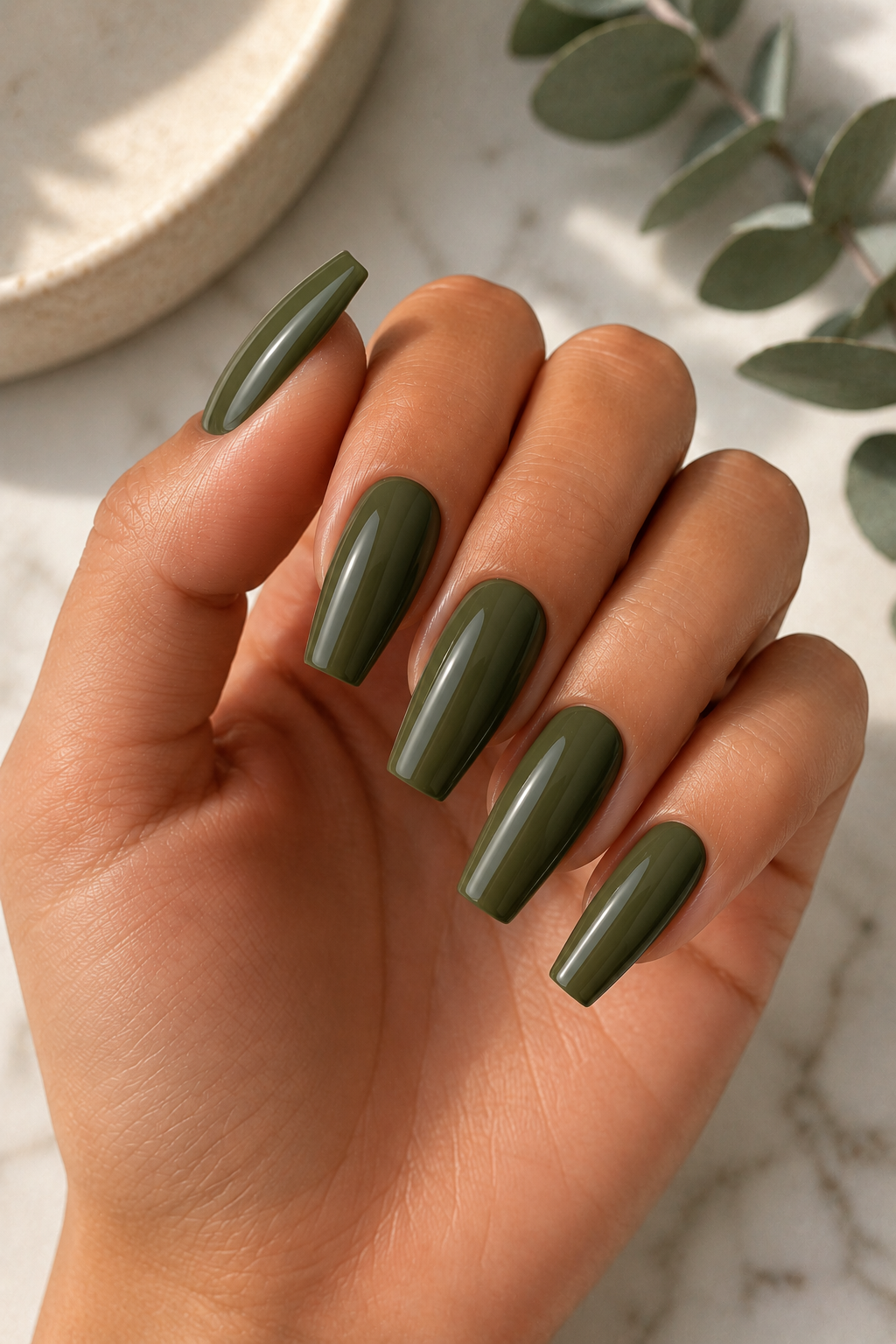 Deep Olive Green Coffin Nails