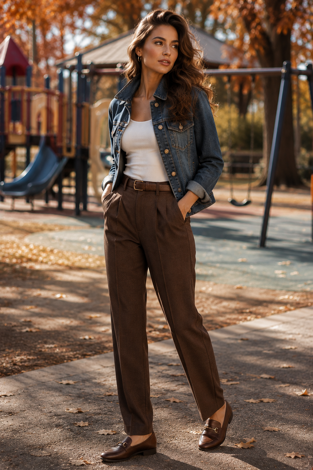 Denim Jacket With Brown Tailored Trousers
