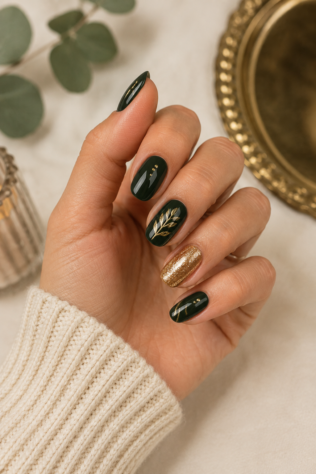Forest Green & Gold Nails