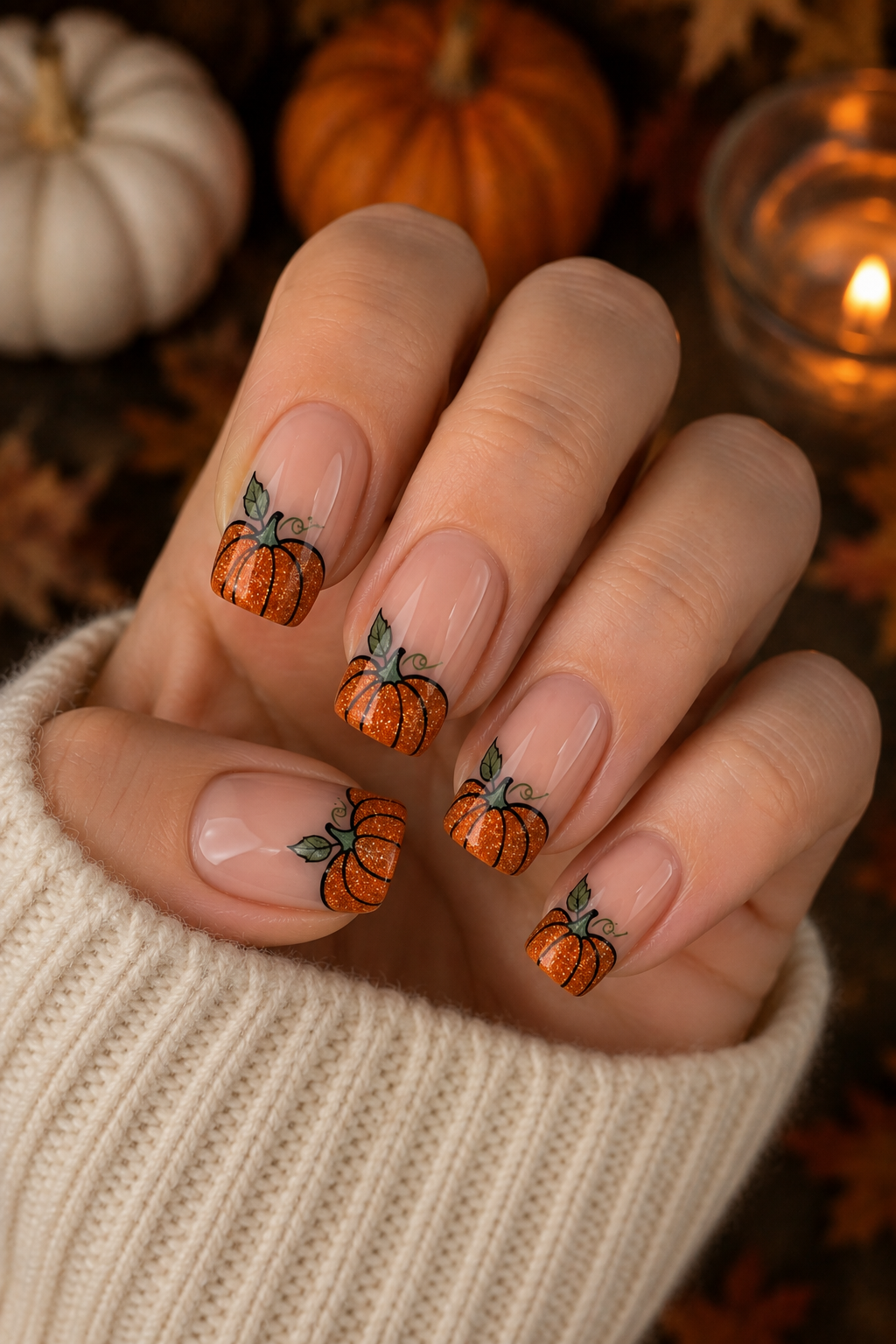 Glitter Pumpkin French Tip Manicure