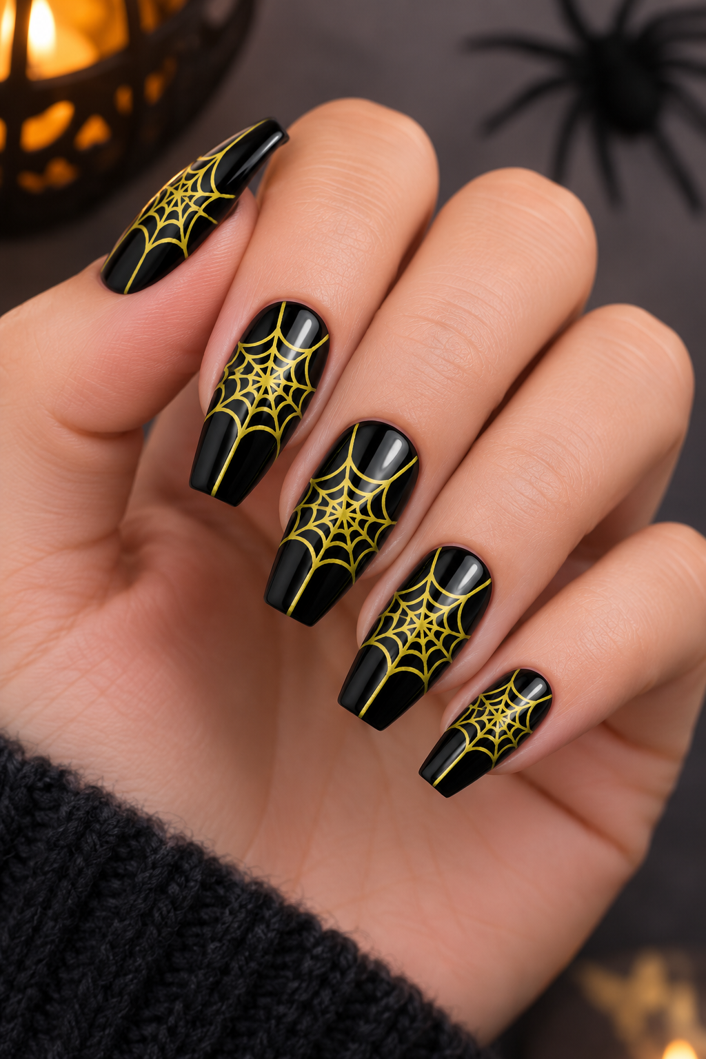 Cute Golden Spiderweb Nails for Halloween