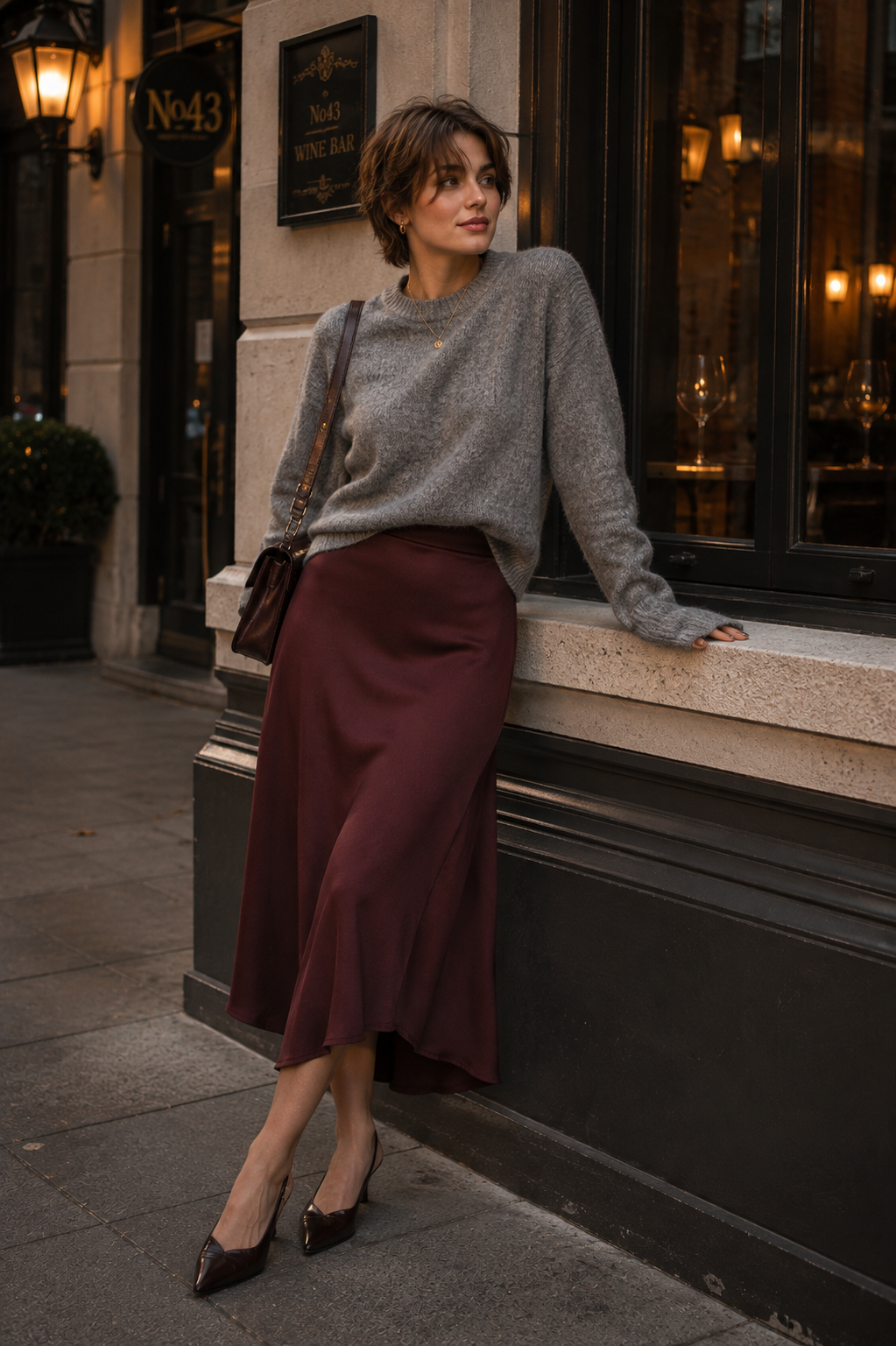Gray Knit Sweater With Burgundy Midi Skirt