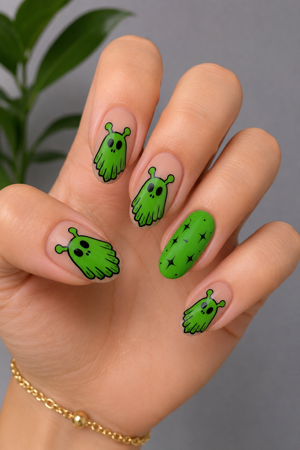 Cute Green Alien Ghost Halloween Nails