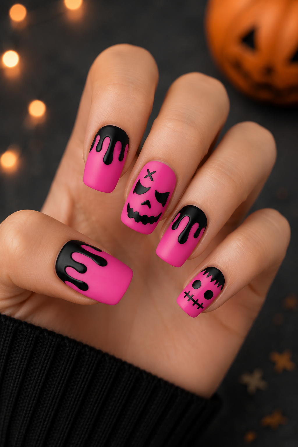 Hot Pink Monster Halloween Nails