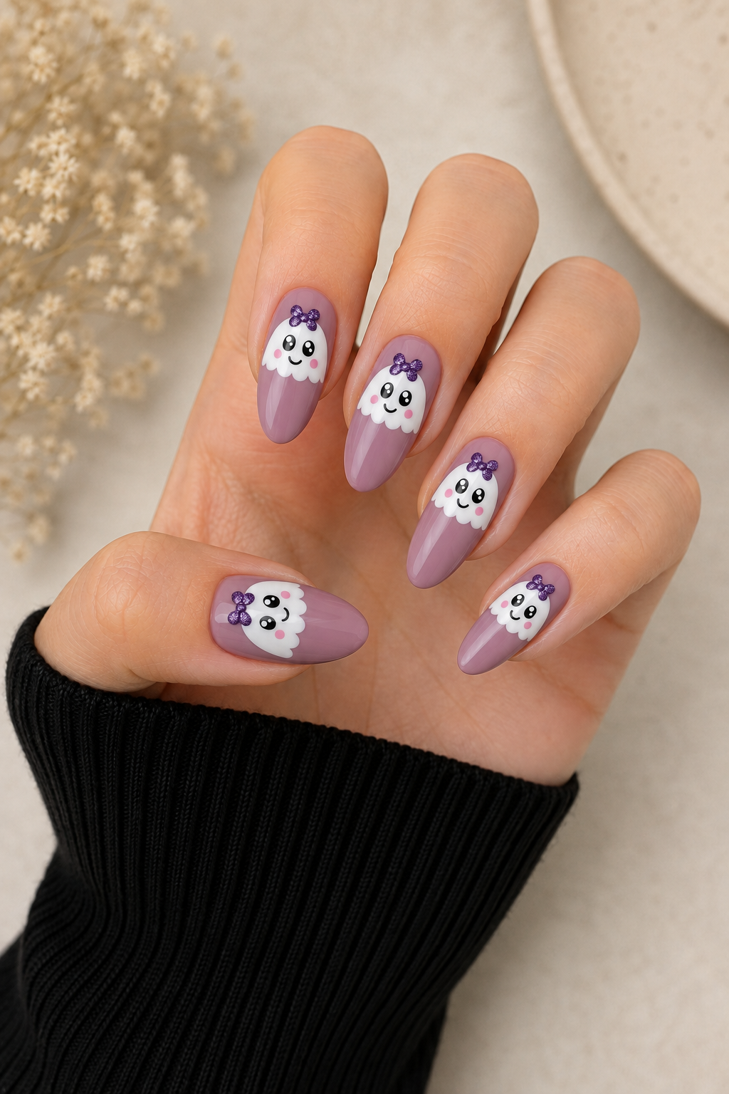 Lavender Ghost Bow Nails