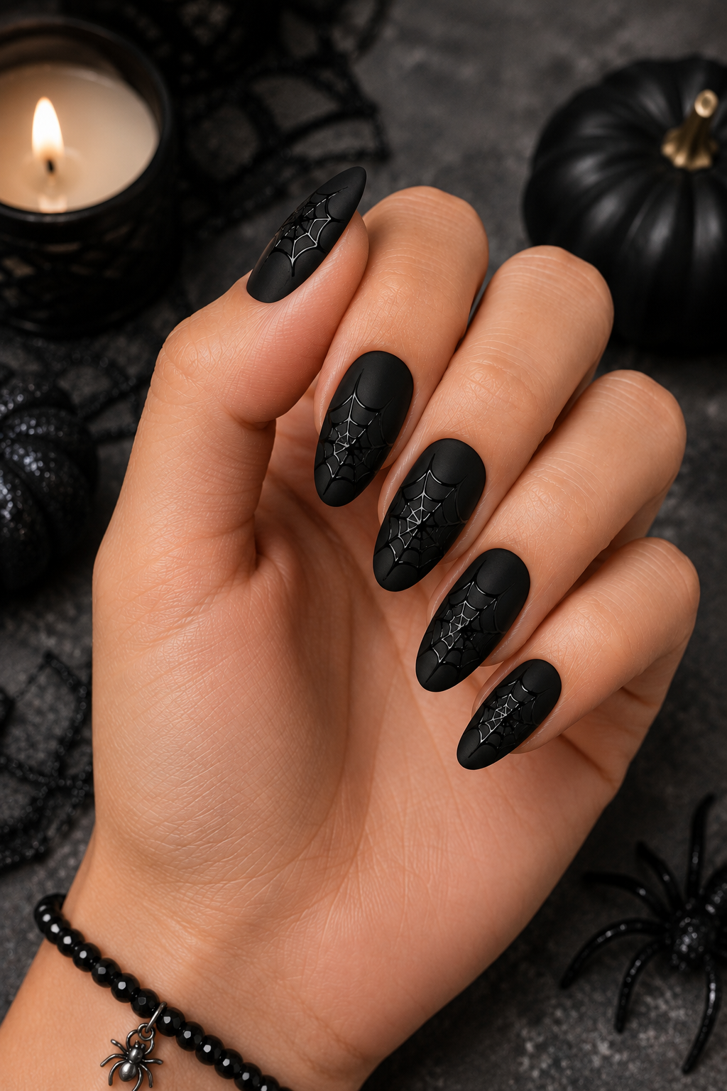 Matte Black Nails with Glossy Spiderwebs