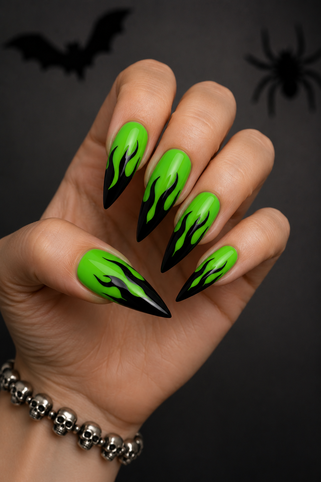 Neon Green & Black Flame Halloween Nails