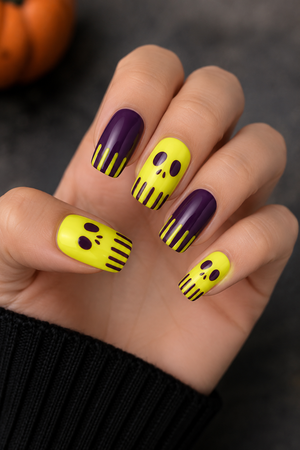 Neon-Yellow with Purple Skull Nails