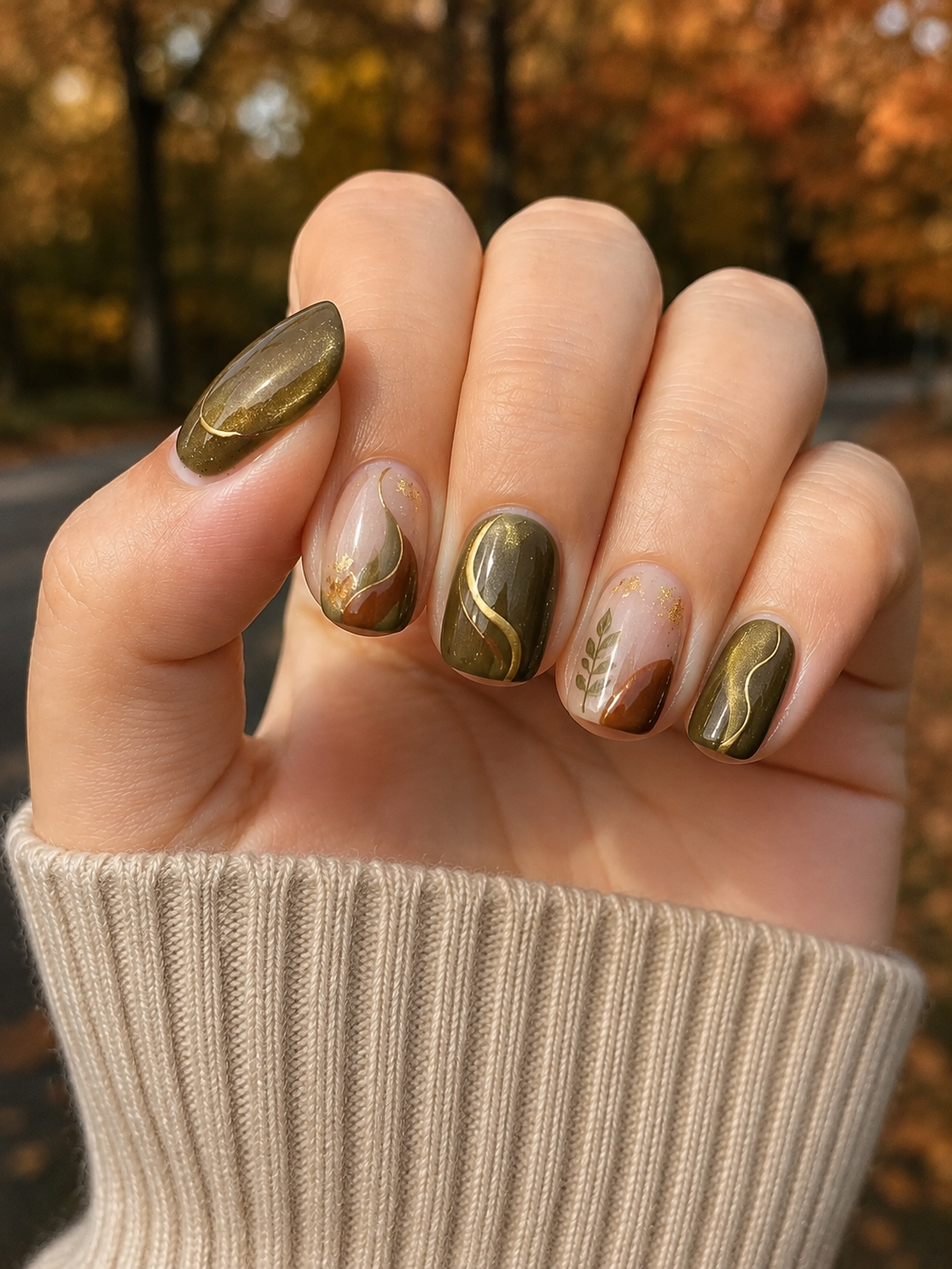 Olive Brown Abstract Short Fall Nails