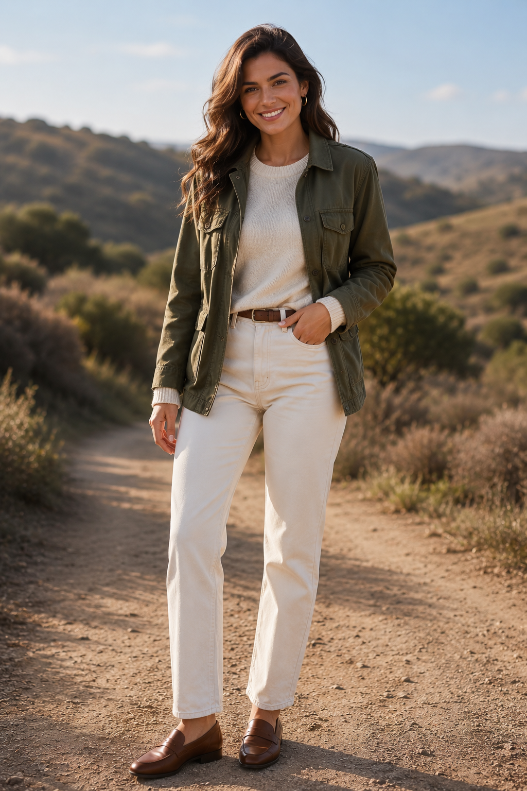 Olive Jacket With Cream Jeans