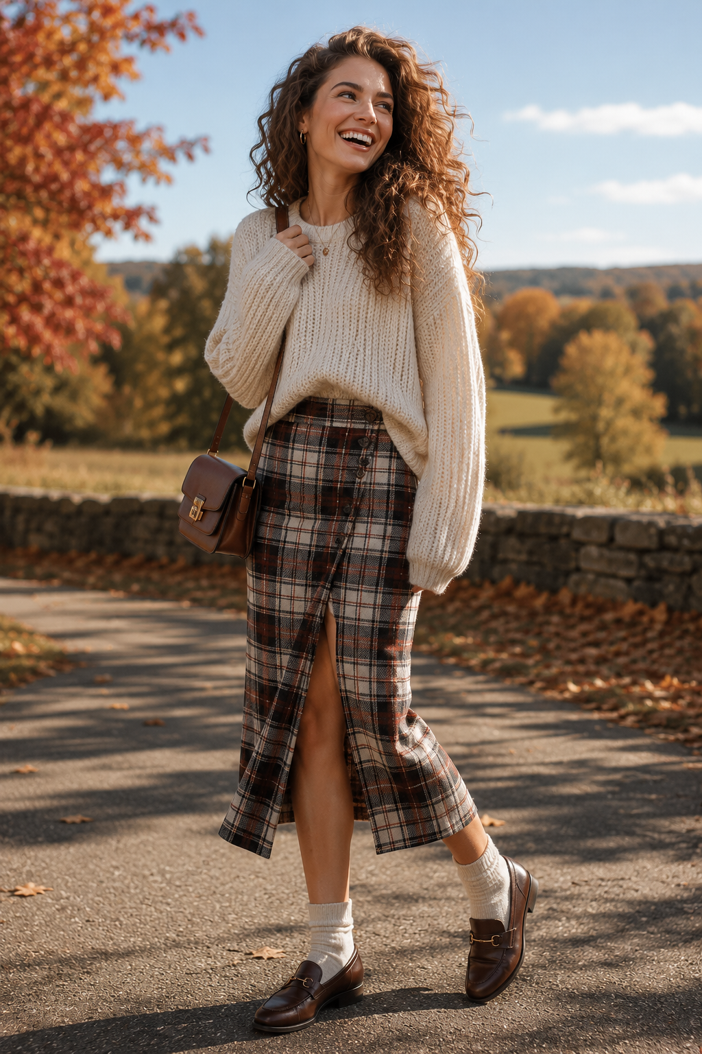 Plaid Midi Skirt With Chunky Sweater