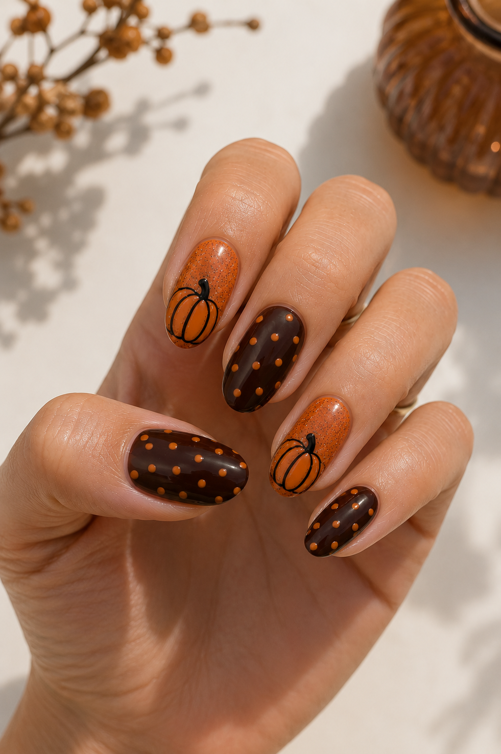 Pumpkin & Chocolate Polka Dot Nails