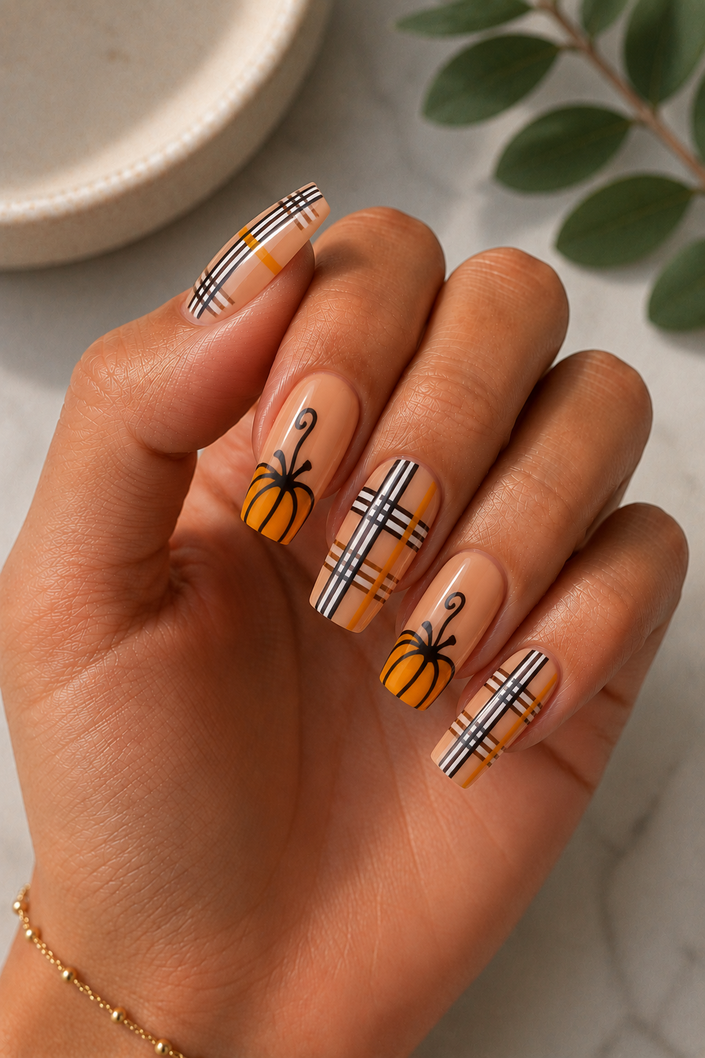 Pumpkin & Plaid Fall Nails