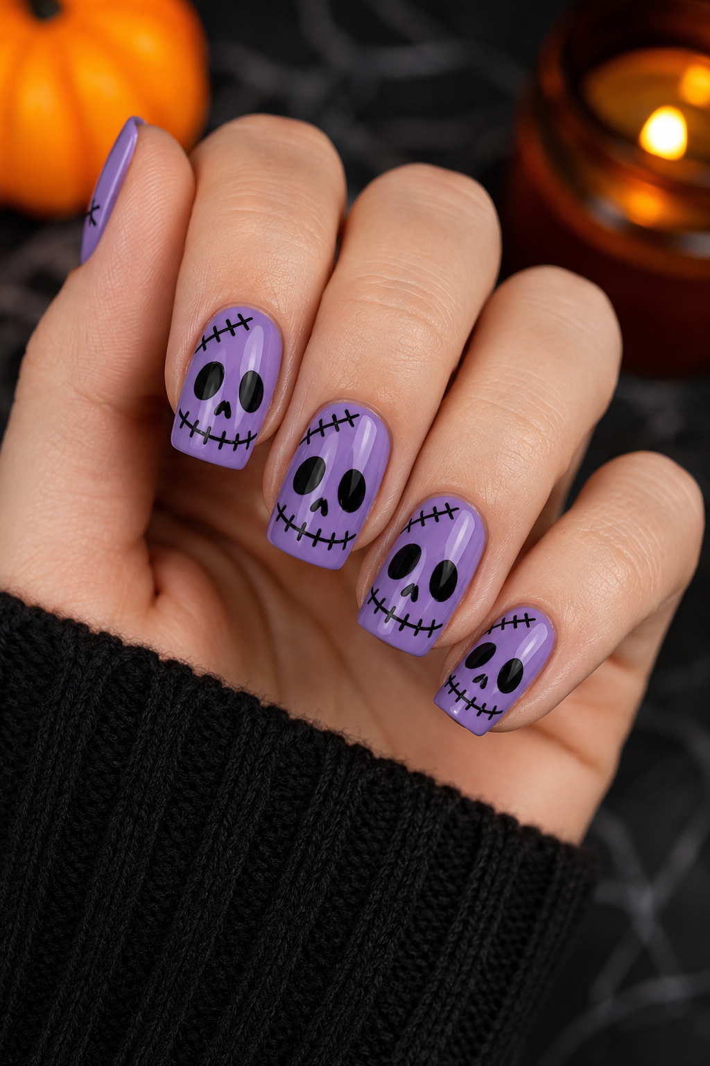 Purple Stitched Skull Nails