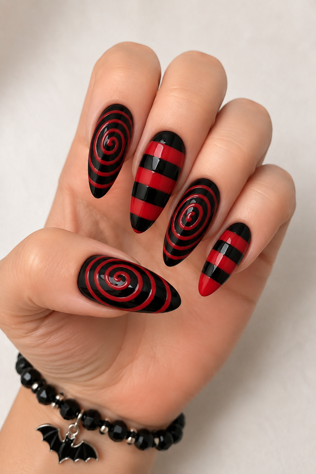 Red & Black Hypnotic Plaid Nails
